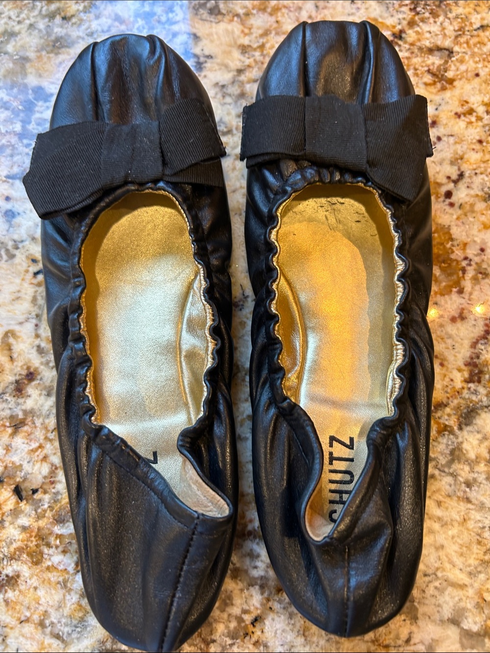 SCHUTZ Black Leather Bow Ballet Flats with Gold Insole 8.5B